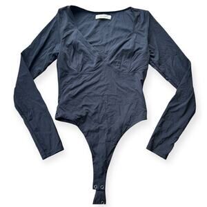 Qinsen Women's Compression Long Sleeve V Neck Bodysuit Size M Black